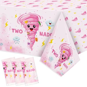 KZmanico 3Pcs Two Nado Party Tablecloths Pink Two Nado Birthday Party Table Cover Decoration, Cute Tornado Rectangular Plastic Disposable Table Cloth for Baby Girl 2nd Birthday Baby Shower Supplies